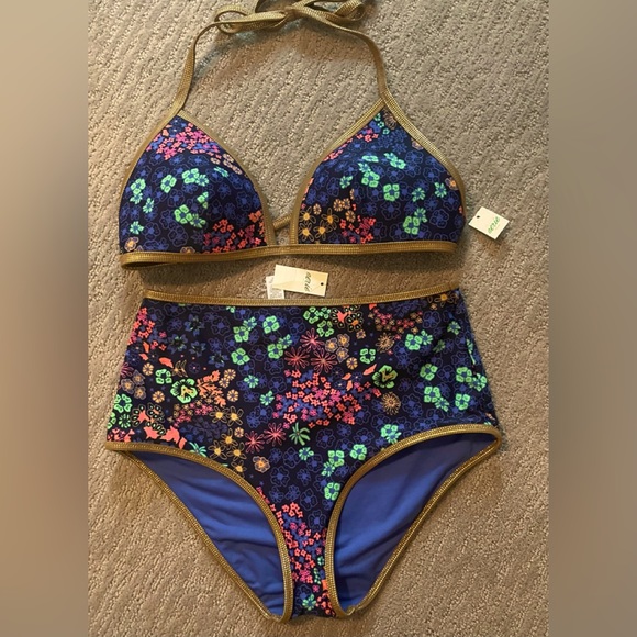 aerie Other - NWT! AERIE FLORAL GOLD/COPPER TRIM HALTER TIE BIKINI SET